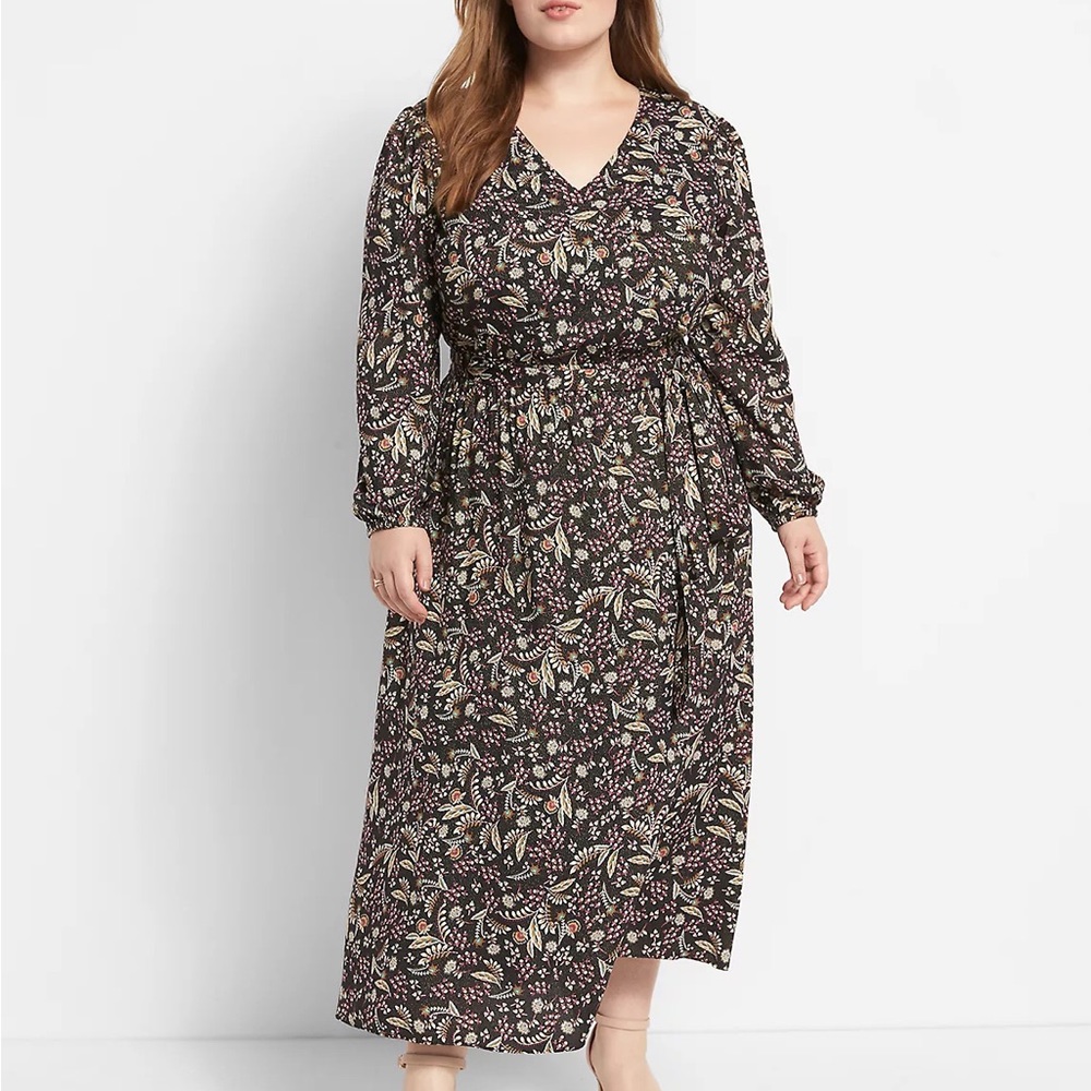 BNWT Layne Bryant Faux-Surplice Midi Dress black silver metallic